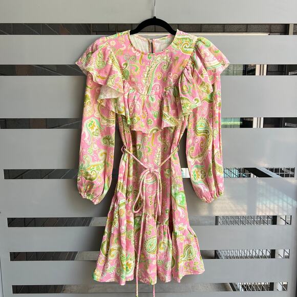 Alemais Marta Paisley Linen Ruffle Mini Dress Size 6 - Picture 2 of 7